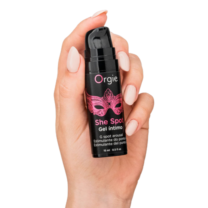 Gel stimulant point G She Spot Orgie tenu dans la main, format compact 15ml - Oh My God'Z
