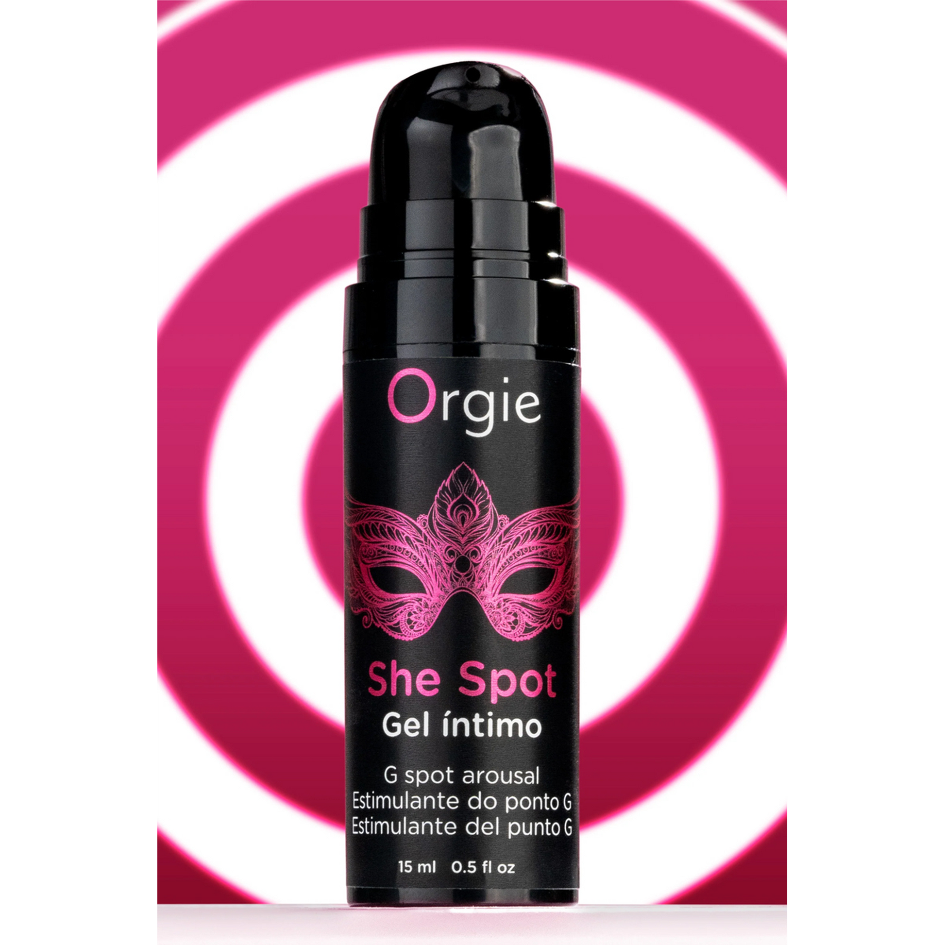 Pompe doseuse flacon airless She Spot Orgie sur fond rose avec cercles concentriques - Oh My God'Z