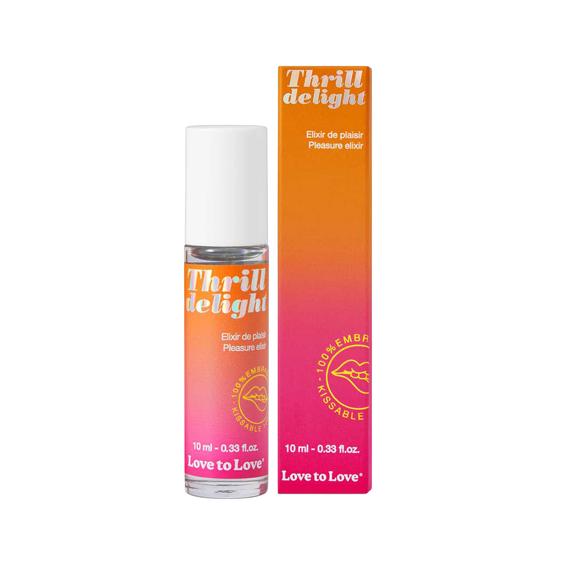 Gel stimulant Thrill Delight Love to Love avec packaging orange et rose dégradé, roll-on 10ml sur fond blanc - Oh My God'Z
