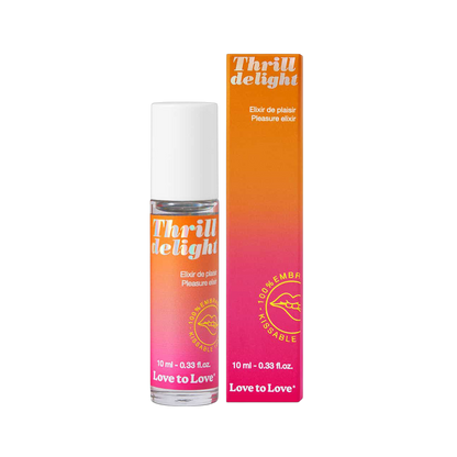 Gel stimulant Thrill Delight Love to Love avec packaging orange et rose dégradé, roll-on 10ml sur fond blanc - Oh My God'Z
