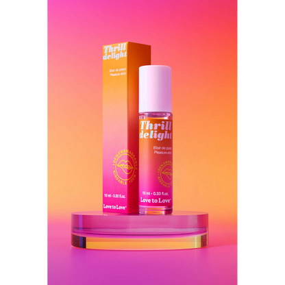 Application du gel orgasmique Thrill Delight roll-on coco sur fond rose pailleté festif - Oh My God'Z
