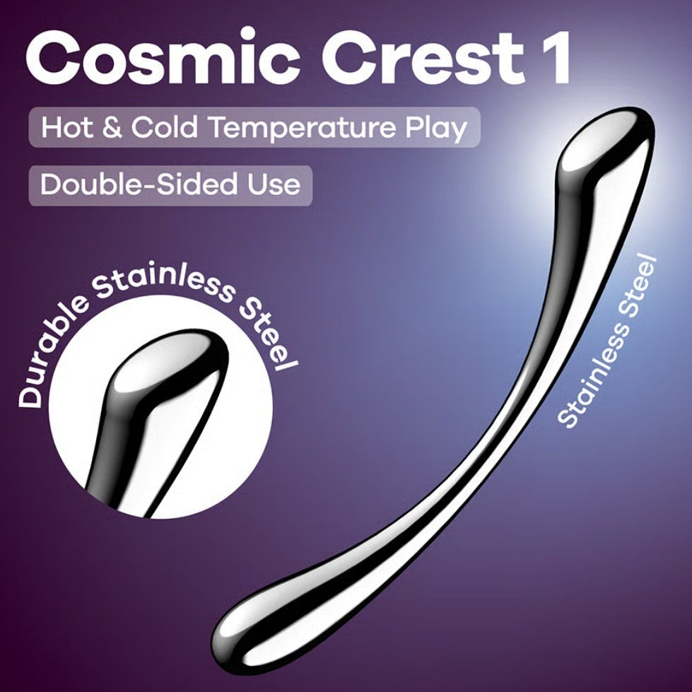 Gode Cosmic Crest 1 en acier inoxydable argenté avec design réversible sur fond dégradé violet - Oh My God'Z