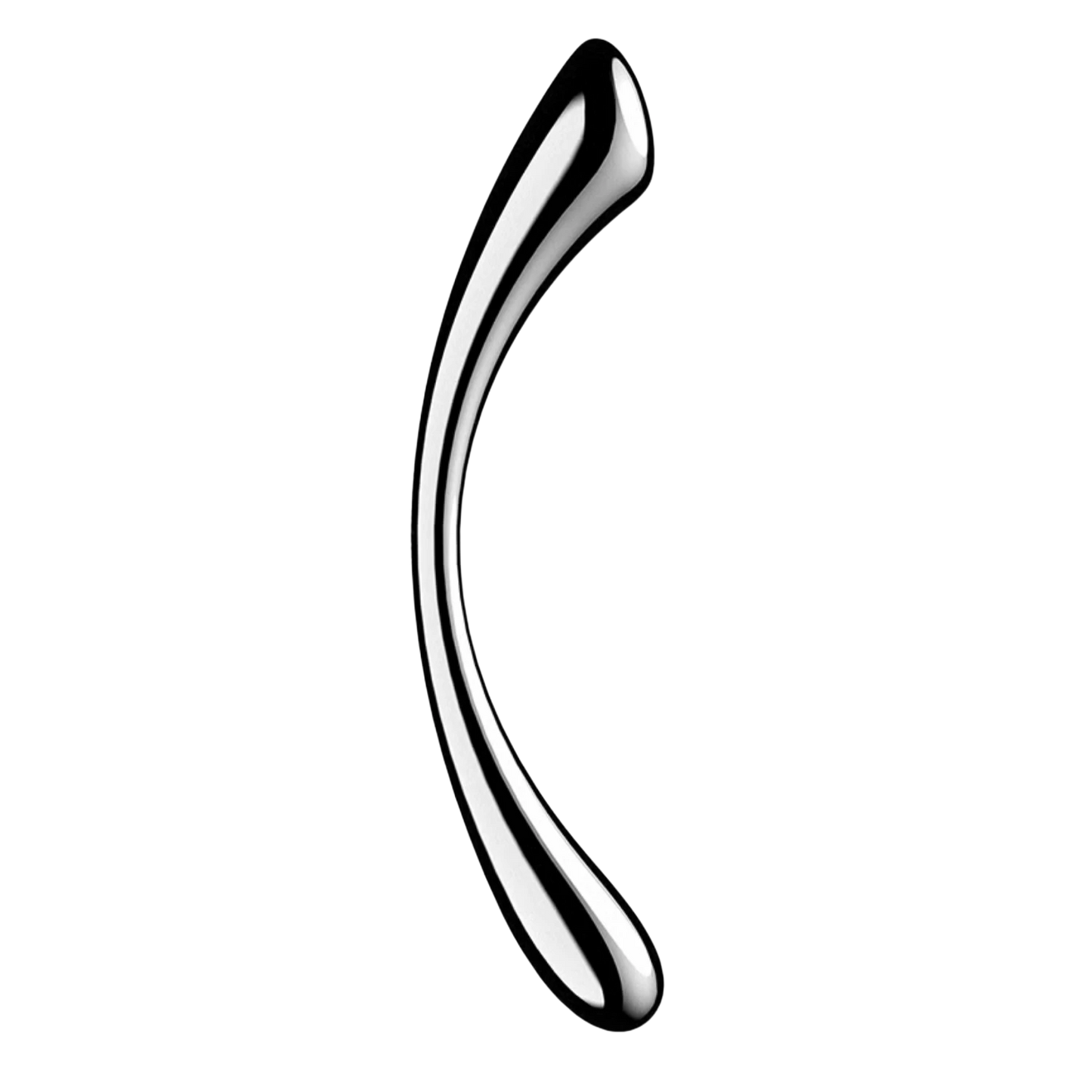 Gode double face en acier inoxydable argenté avec extrémité aplatie et arrondie sur fond blanc - Oh My God'Z