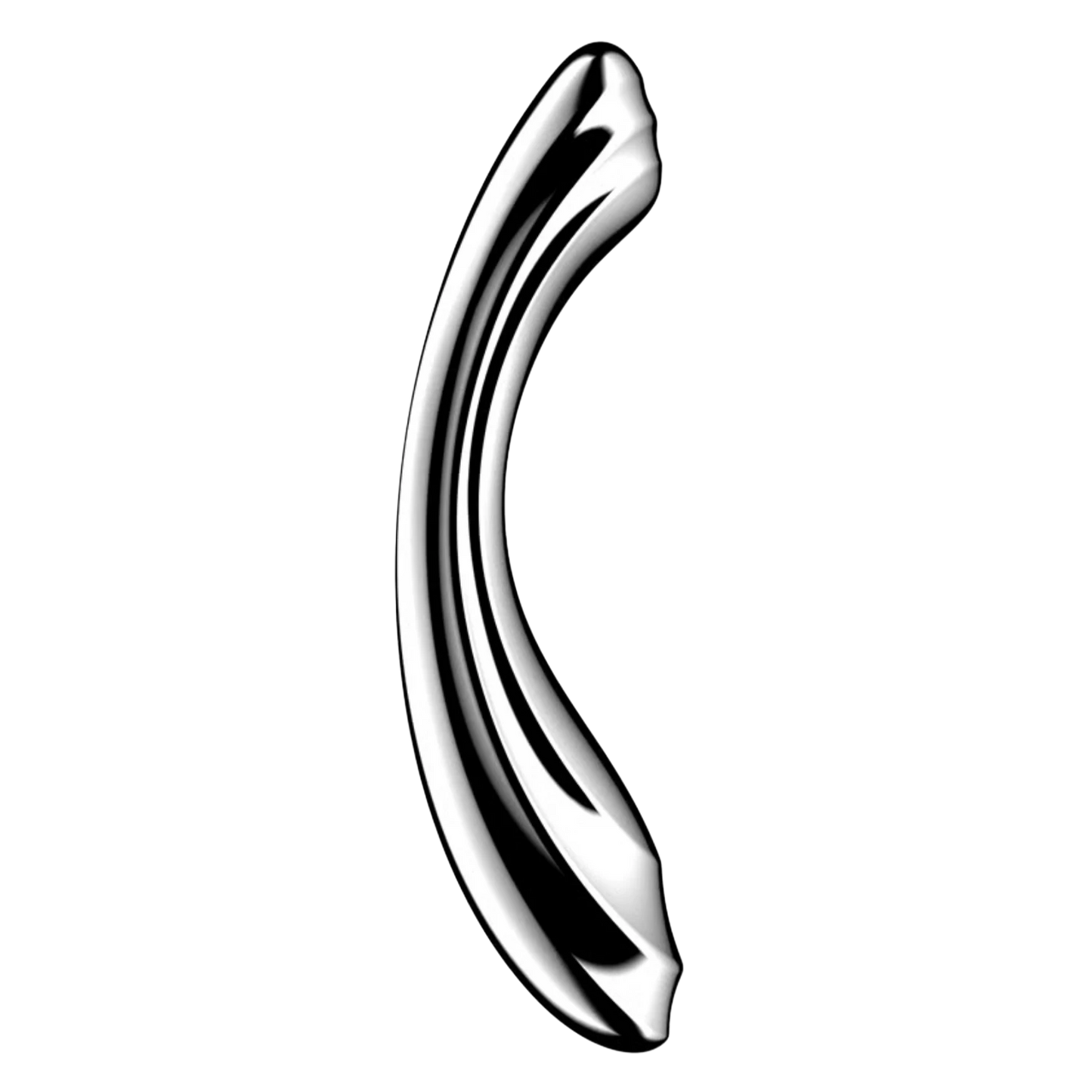 Gode double face en acier inoxydable argenté courbé avec rainures stimulantes sur fond blanc - Oh My God'Z