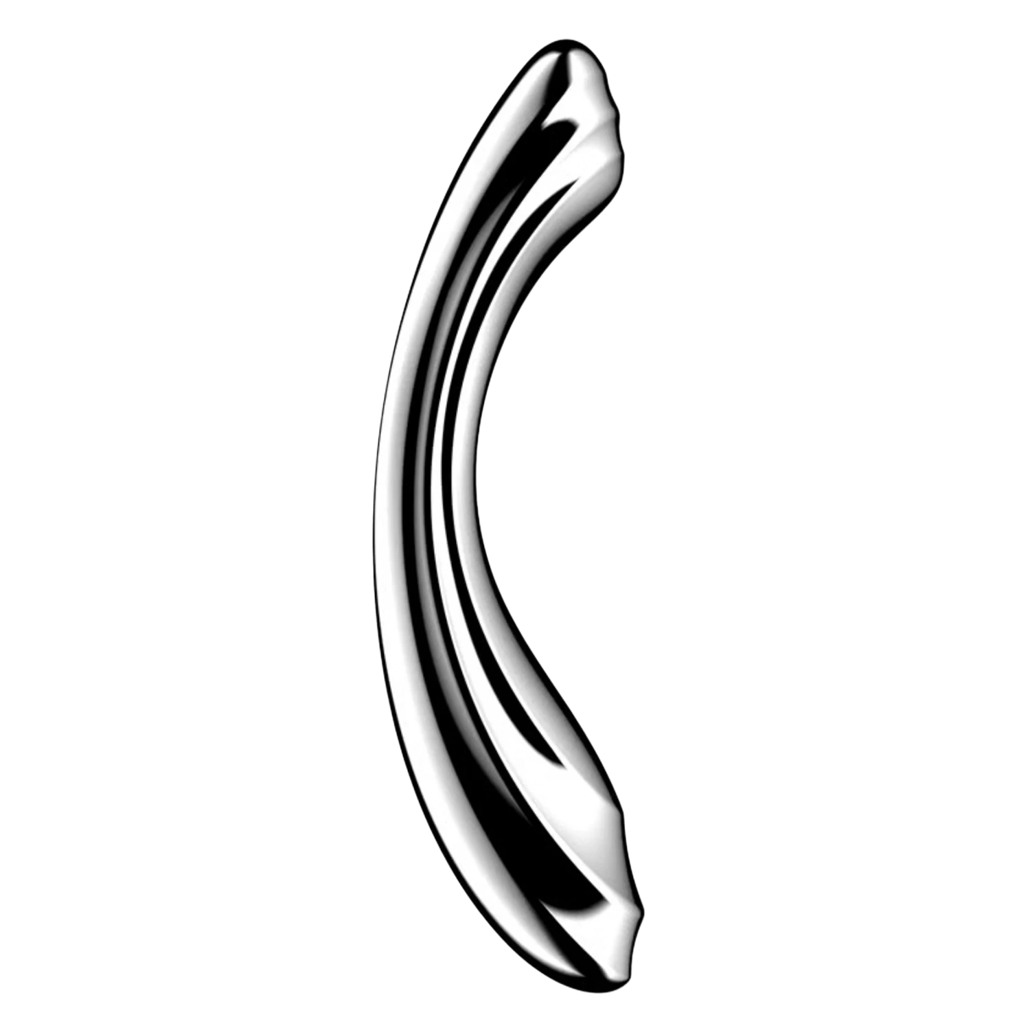 Gode double face en acier inoxydable argenté courbé avec rainures stimulantes sur fond blanc - Oh My God'Z