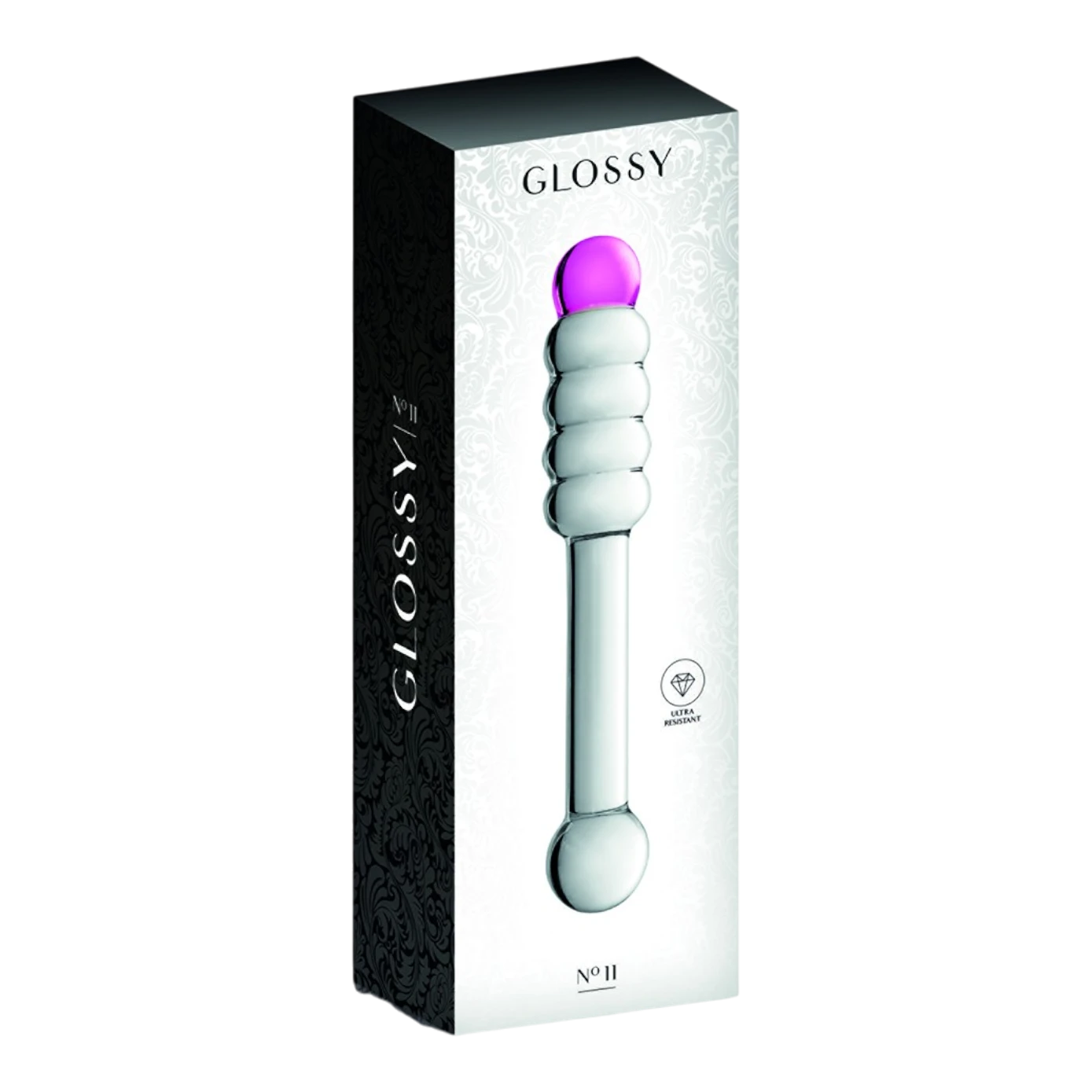 Packaging Glossy n°11 montrant le gode en verre bicolore avec boules et détails produit - Oh My God'Z
