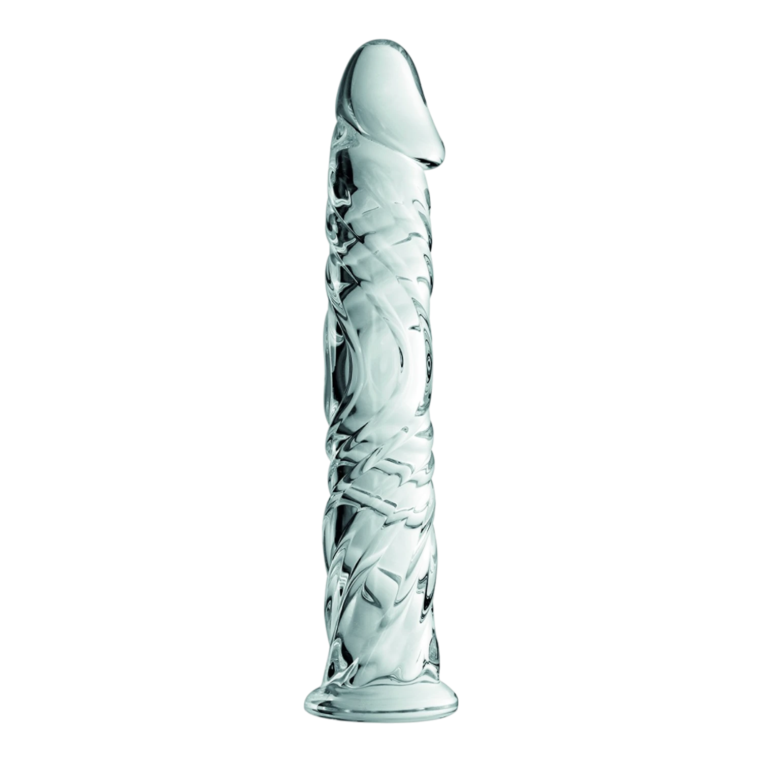 Gode en verre transparent Glossy n°4 avec relief veines et gland réaliste sur fond blanc - Oh My God'Z