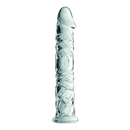 Gode en verre transparent Glossy n°4 avec relief veines et gland réaliste sur fond blanc - Oh My God'Z