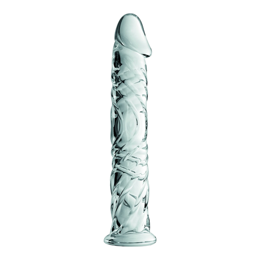 Gode en verre transparent Glossy n°4 avec relief veines et gland réaliste sur fond blanc - Oh My God'Z