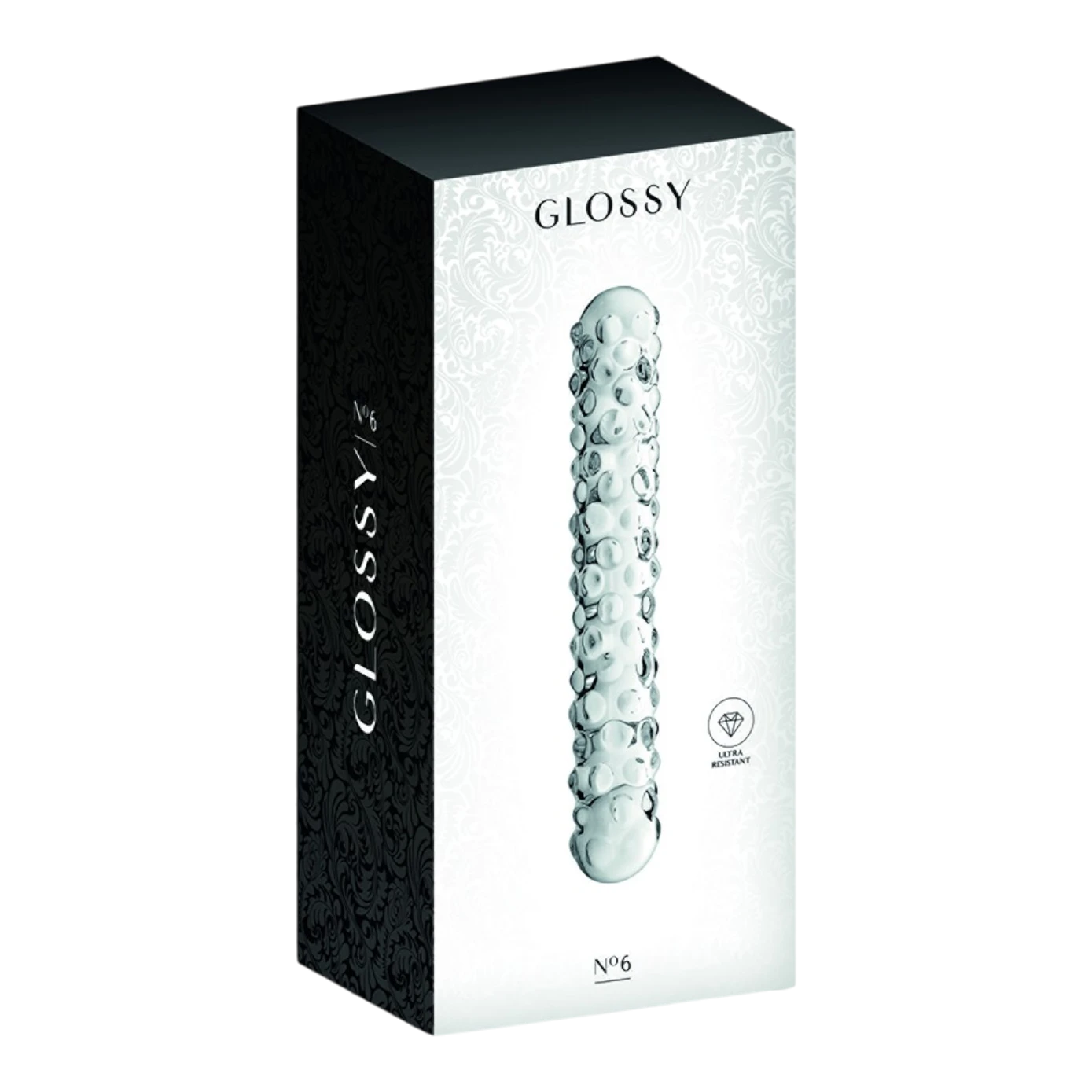 Packaging élégant noir et blanc du gode en verre perlé Glossy n°6 avec visuel produit - Oh My God'Z