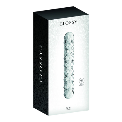 Packaging élégant noir et blanc du gode en verre perlé Glossy n°6 avec visuel produit - Oh My God'Z