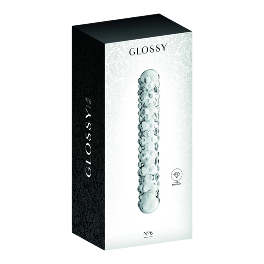 Packaging élégant noir et blanc du gode en verre perlé Glossy n°6 avec visuel produit - Oh My God'Z