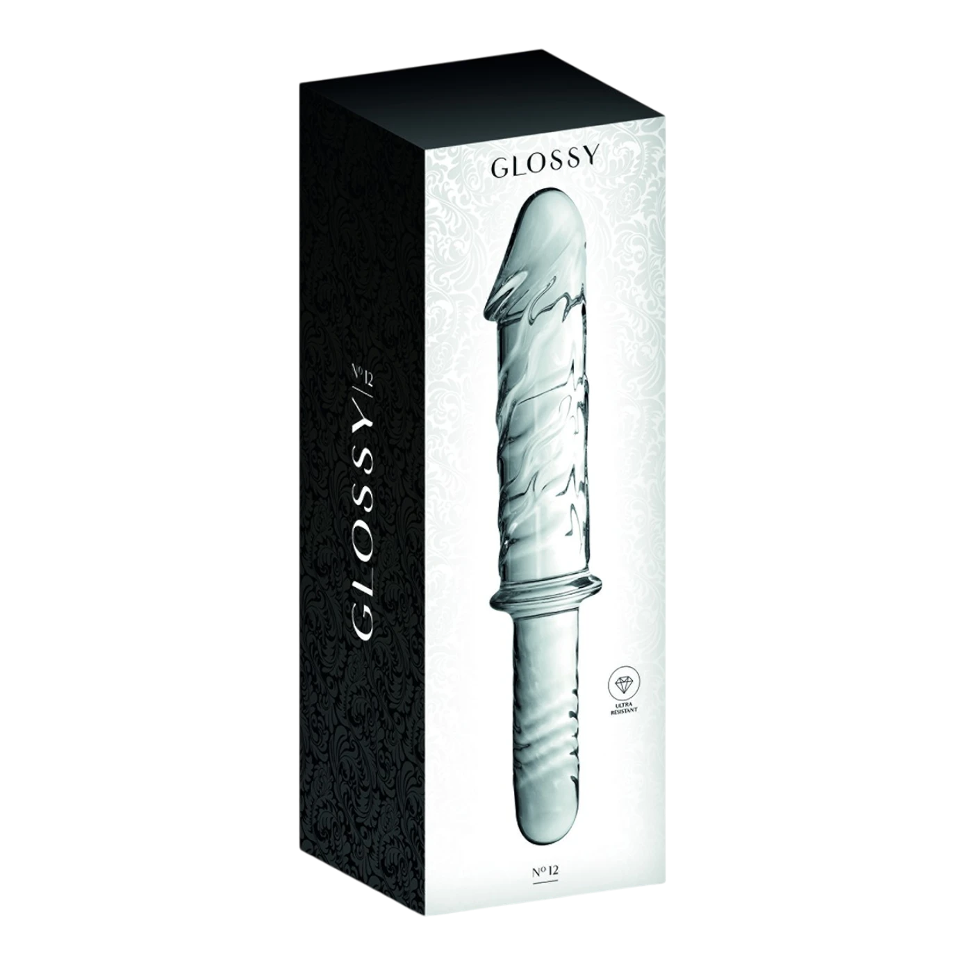 Packaging noir et blanc du gode en verre transparent Glossy n°12 avec fenêtre de présentation - Oh My God'Z