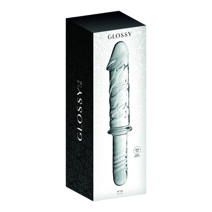 Packaging noir et blanc du gode en verre transparent Glossy n°12 avec fenêtre de présentation - Oh My God'Z