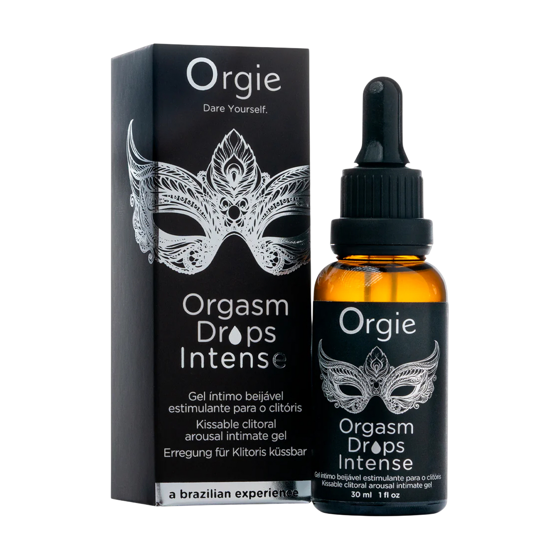 Gel intensificateur clitoridien Orgasm Drops Intense Orgie, flacon 30ml et packaging noir avec masque vénitien - Oh My God'Z