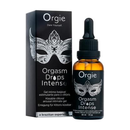 Gel intensificateur clitoridien Orgasm Drops Intense Orgie, flacon 30ml et packaging noir avec masque vénitien - Oh My God'Z
