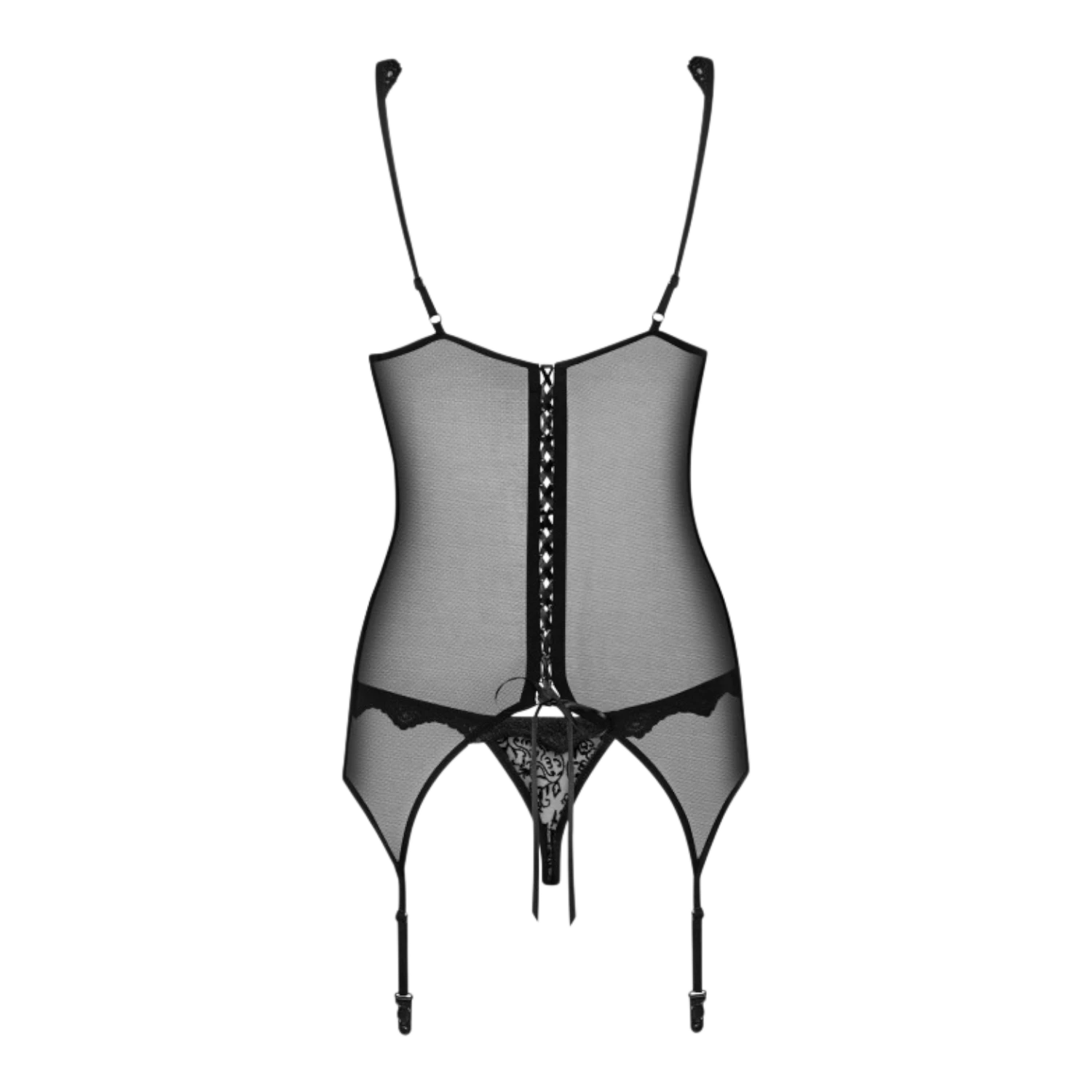 Guêpière noire détail dos avec laçage transparent en maille et jarretières, vue à plat - Oh My God'Z