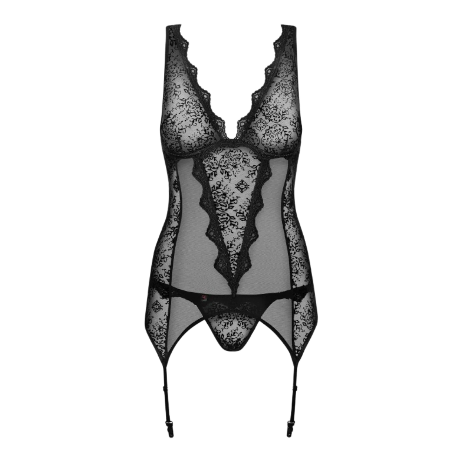 Guêpière noire avec dentelle florale et string coordonné, vue frontale à plat détaillée - Oh My God'Z