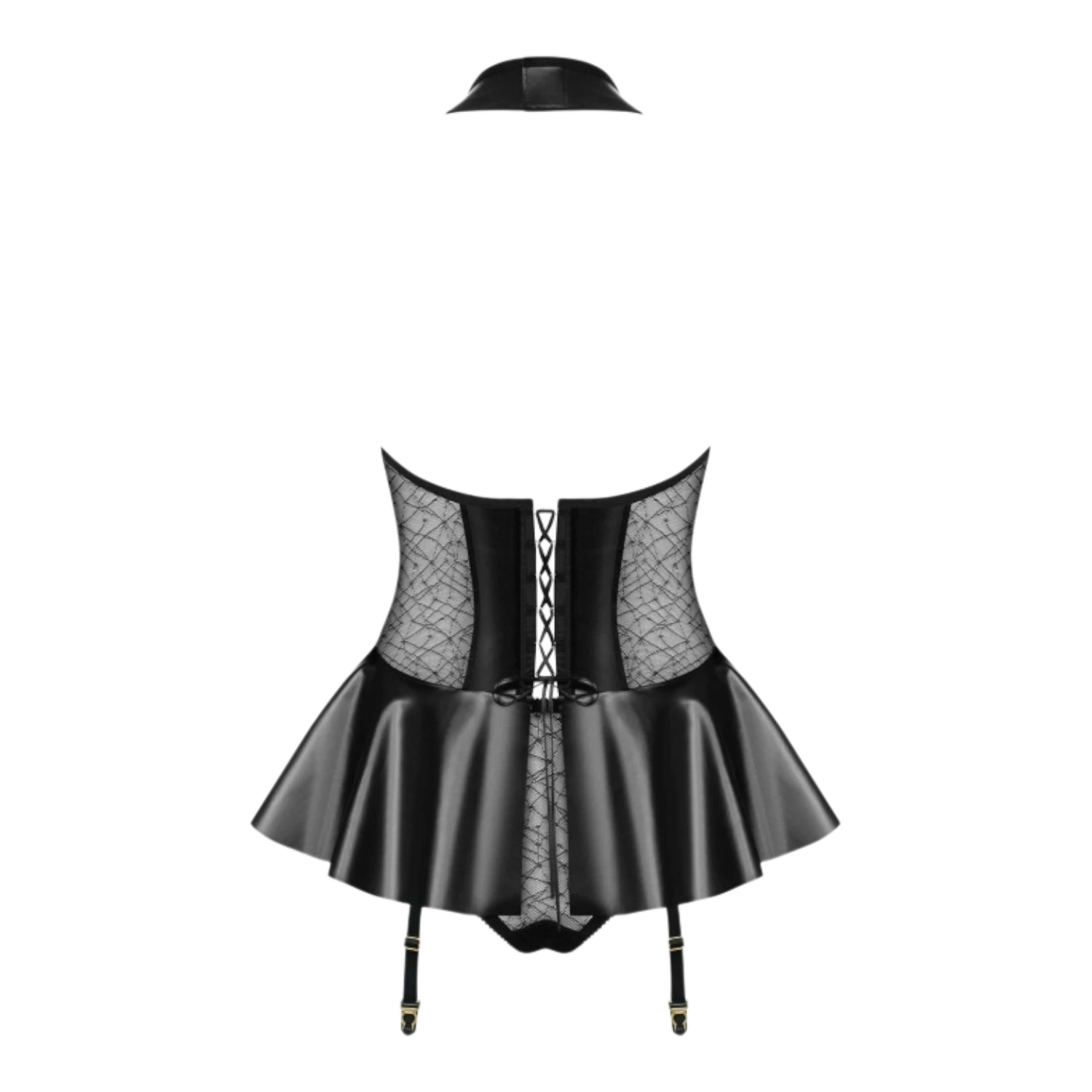Vue détail dos guêpière noire laçage corset blanc, jupe similicuir plissée et jarretelles noires - Oh My God'Z