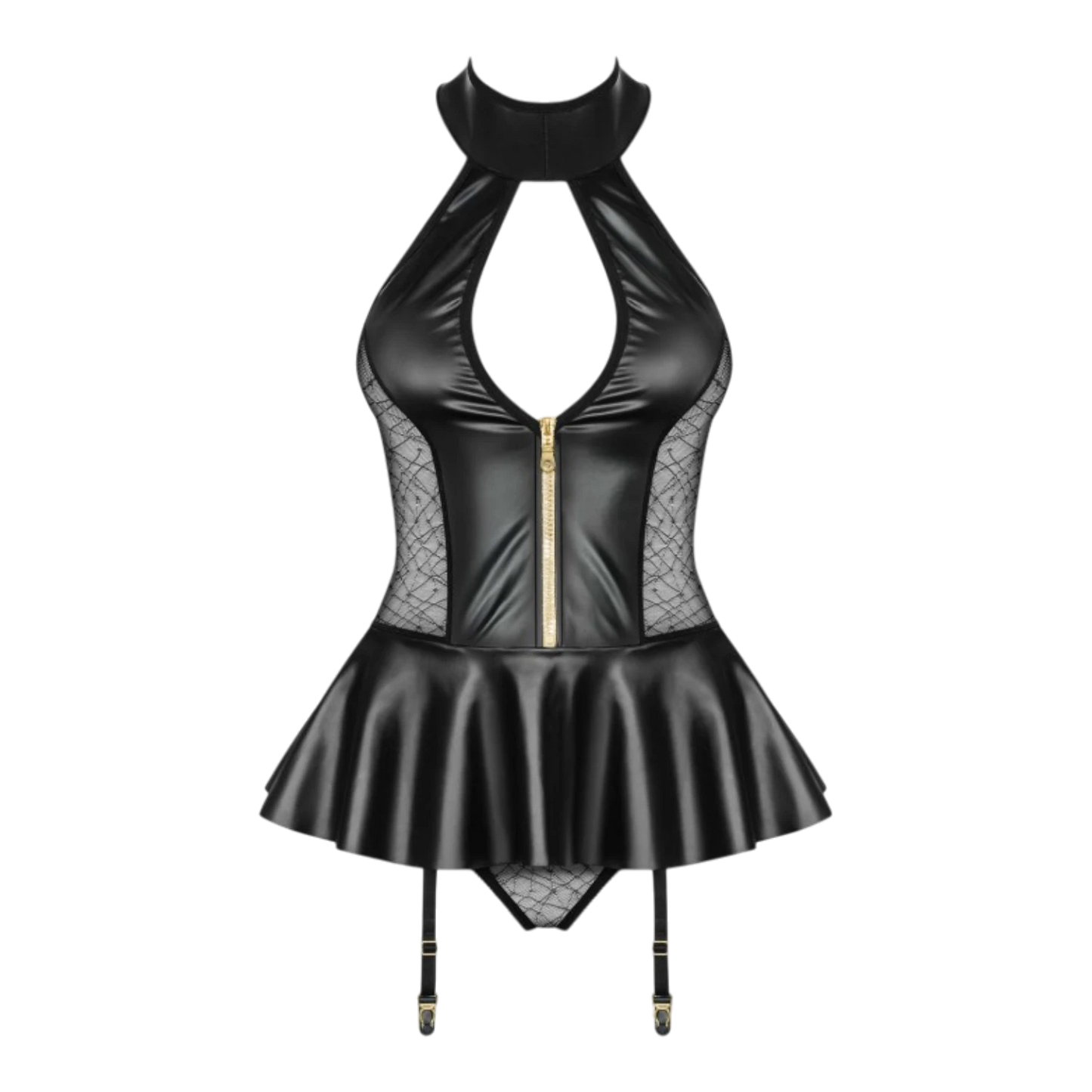 Détail produit guêpière noire à zip frontal doré, maille motifs géométriques et jupe similicuir - Oh My God'Z