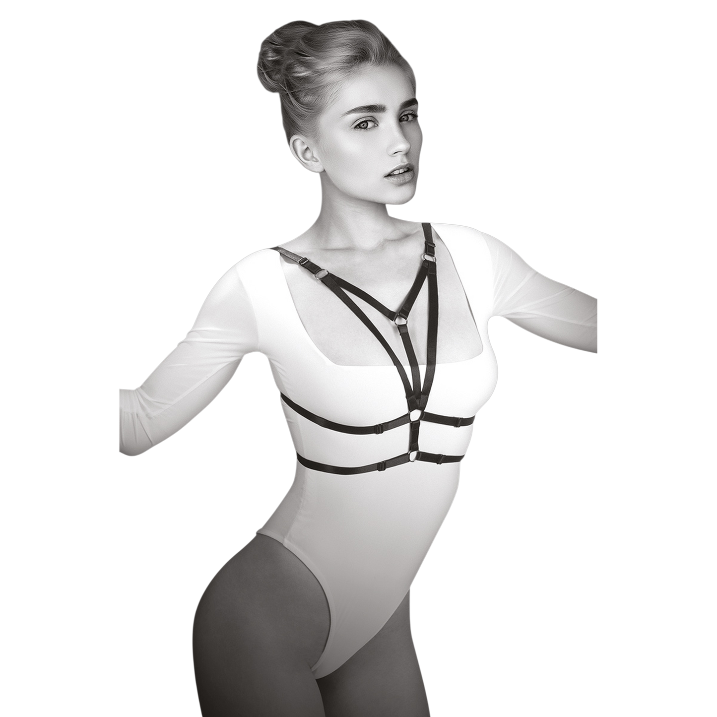 Harnais de poitrine Laura noir avec lanières élastiques portées sur body blanc, vue de face - Oh My God'Z
