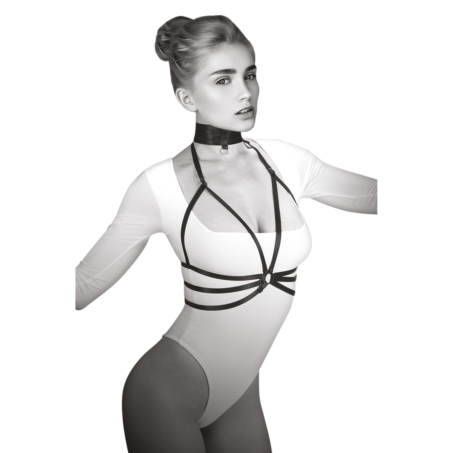Harnais de buste Julia noir avec tour de cou en lanières élastiques porté sur body blanc - Oh My God'Z

