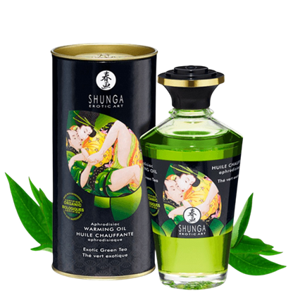 Huile chauffante bio comestible Shunga vert the vert, flacon 100ml et boite noire, feuilles vertes - Oh My God'Z