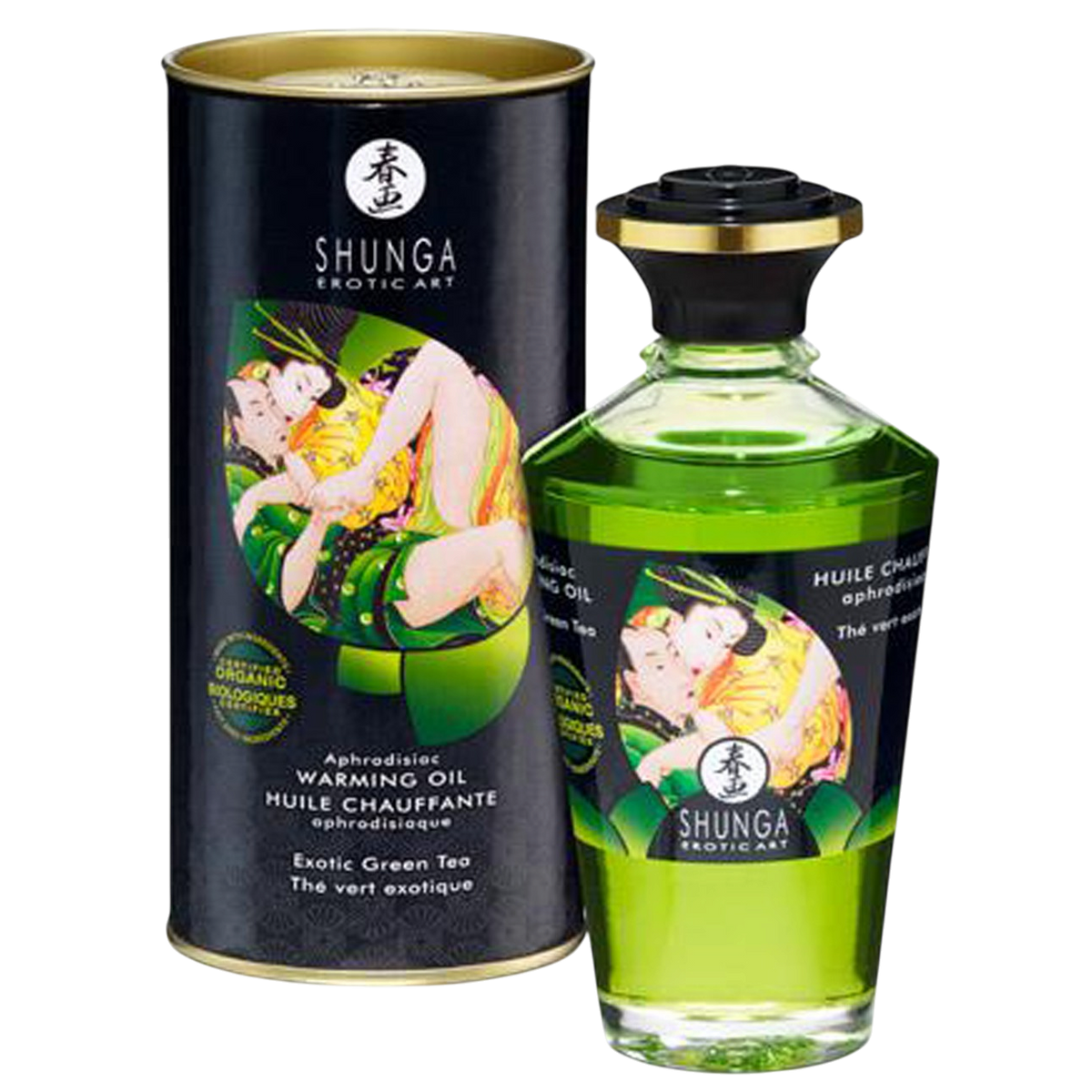Flacon d'huile chauffante aphrodisiaque Shunga the vert exotique 100ml et son etui noir decore - Oh My God'Z