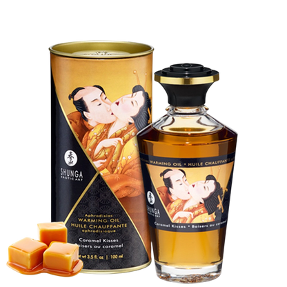 Huile chauffante comestible Shunga caramel 100ml, flacon verre ambre et boite illustree avec caramels - Oh My God'Z