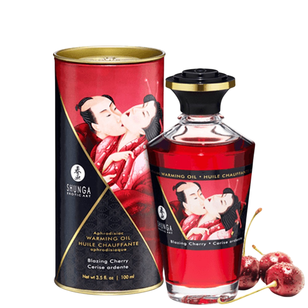Huile chauffante comestible Shunga cerise 100ml, flacon verre rouge et boite cylindrique avec cerises - Oh My God'Z