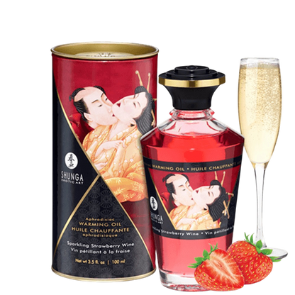 Huile chauffante comestible Shunga fraise vin petillant 100 ml, flacon rouge, coffret et coupe de champagne - Oh My God'Z