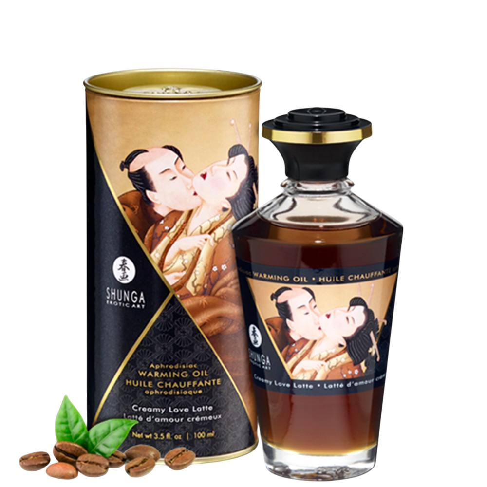 Huile chauffante comestible Shunga latte d'amour 100ml, flacon verre brun, boite et grains de cafe - Oh My God'Z
