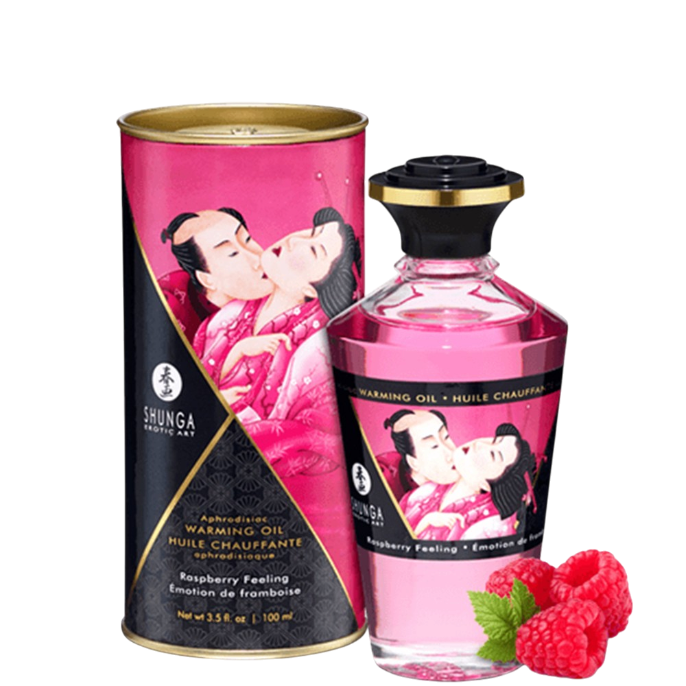 Huile chauffante comestible Shunga framboise 100 ml, flacon verre rose, boite cylindrique et fruits - Oh My God'Z