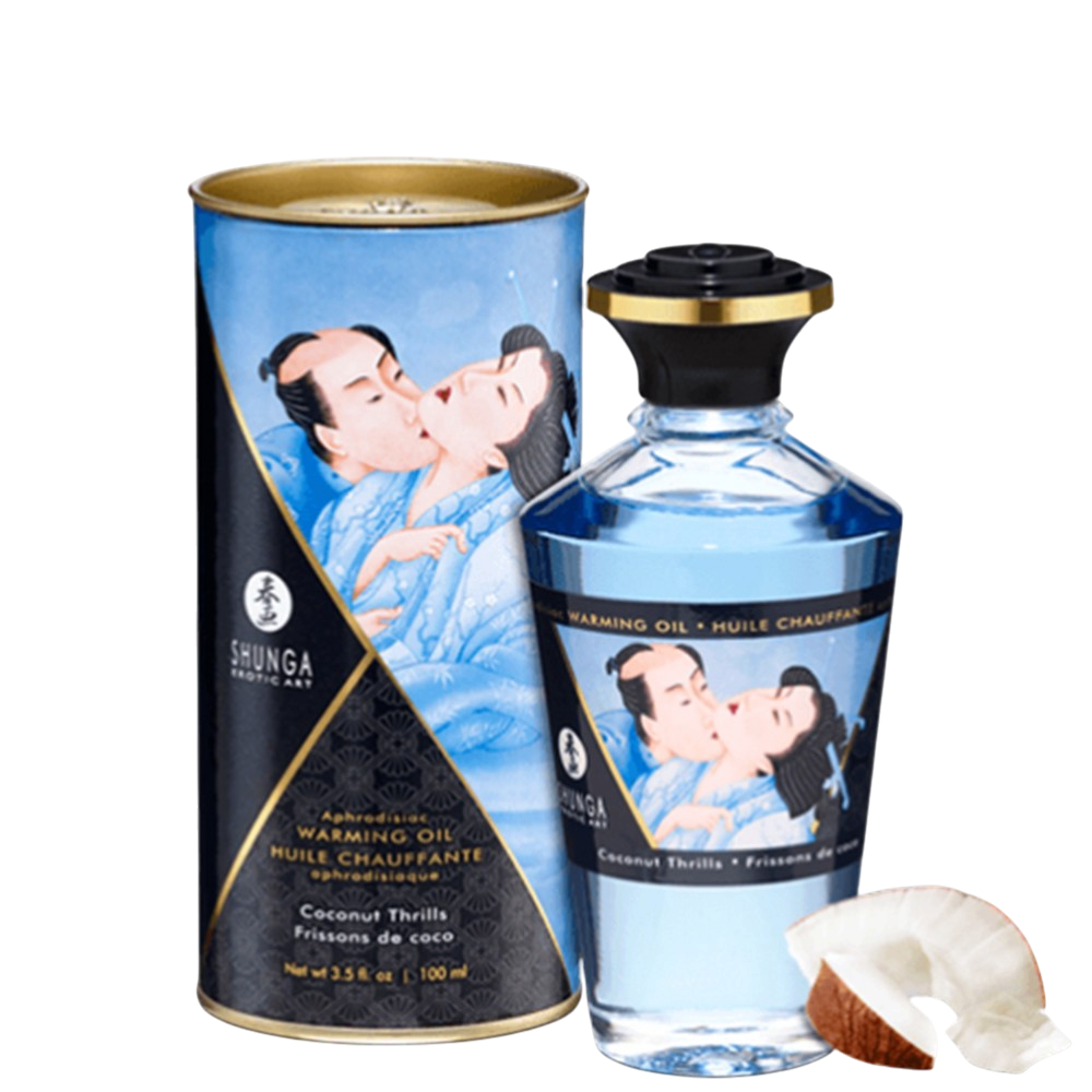 Huile chauffante comestible Shunga noix de coco 100ml, flacon bleu et tube illustre avec morceaux de coco - Oh My God'Z