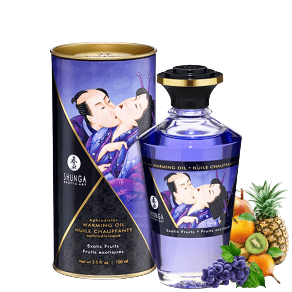 Huile chauffante Shunga fruits exotiques 100ml, flacon violet et tube illustre, avec fruits frais - Oh My God'Z