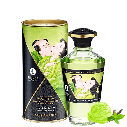 Huile chauffante Shunga Sorbet de Minuit 100 ml, flacon vert et boite cylindrique avec glace a la menthe - Oh My God'Z