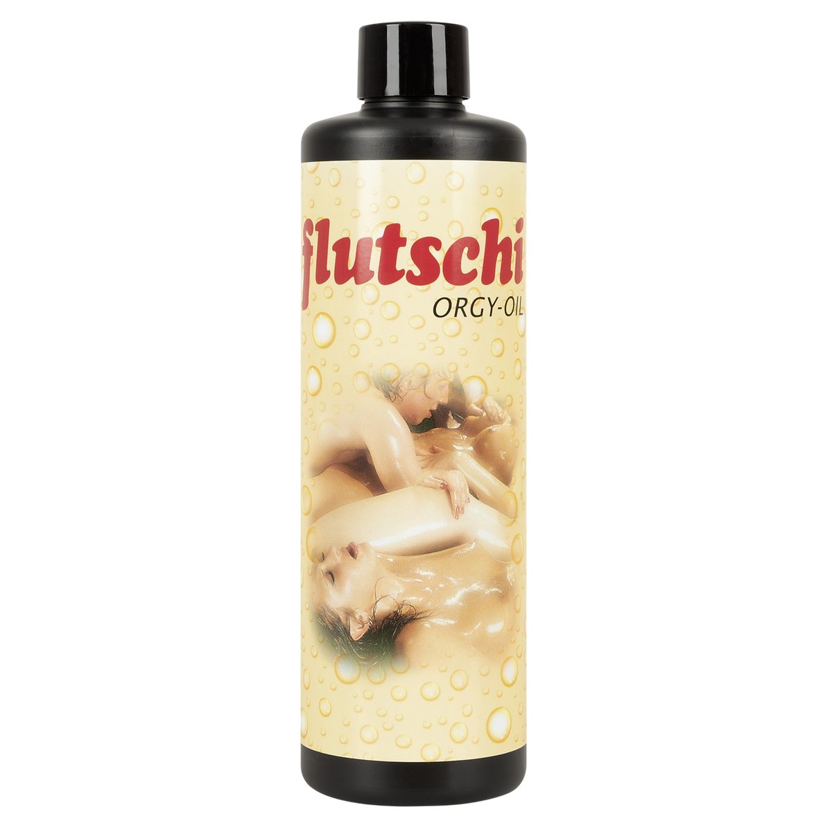 Flacon noir d'huile lubrifiante Orgy Oil 500 ml Orion, etiquette beige a bulles dorees - Oh My God'Z