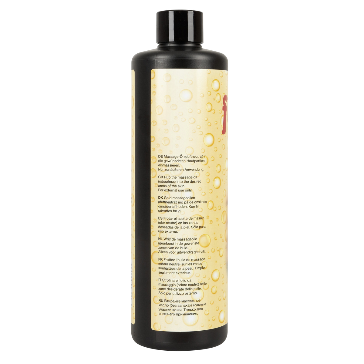 Dos du flacon noir d'huile de massage Orgy Oil 500 ml Orion avec notice multilingue sur fond dore - Oh My God'Z