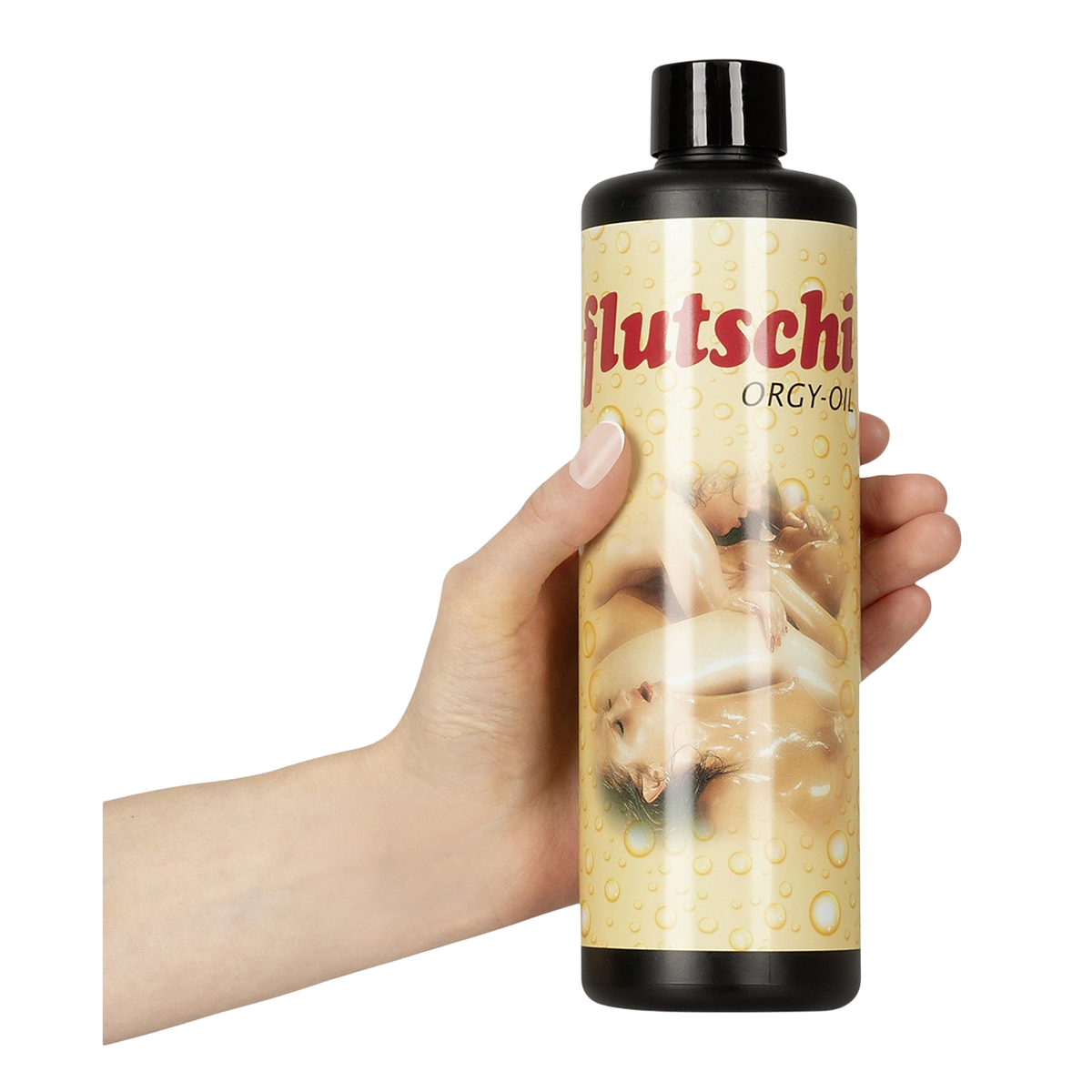 Main tenant le flacon noir d'huile lubrifiante Orgy Oil 500 ml Orion, echelle de taille du produit - Oh My God'Z