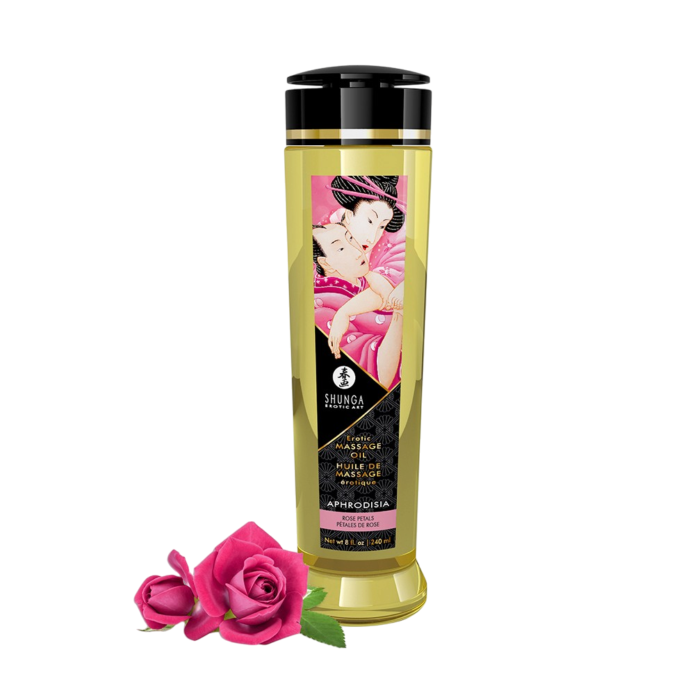 Flacon d'huile de massage aphrodisiaque Shunga Aphrodisia a la rose 240 ml avec roses roses - Oh My God'Z