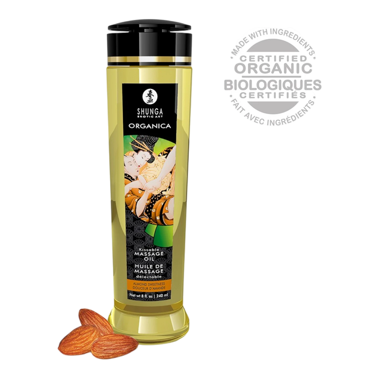 Flacon d'huile de massage bio Shunga Organica douceur d'amande, 240ml, fond transparent - Oh My God'Z