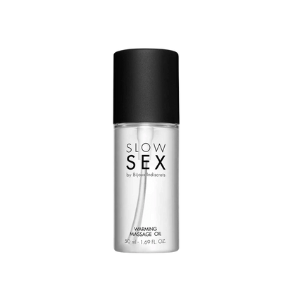 Flacon transparent d'huile de massage chauffante Slow Sex Bijoux Indiscrets 50 ml, bouchon noir mat - Oh My God'Z