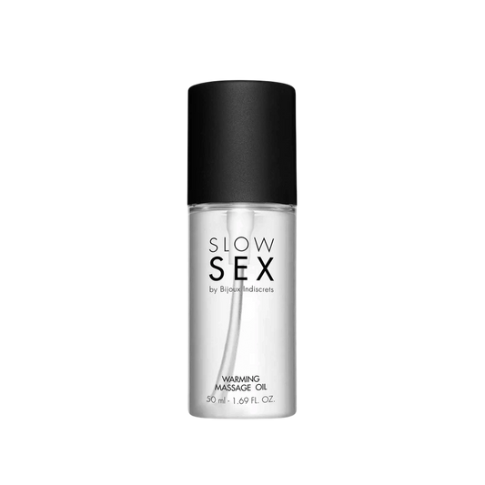 Flacon transparent d'huile de massage chauffante Slow Sex Bijoux Indiscrets 50 ml, bouchon noir mat - Oh My God'Z