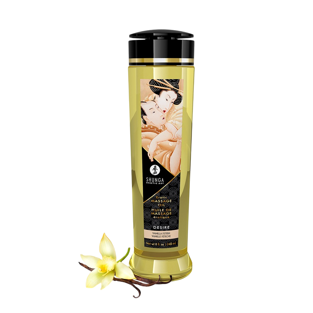Flacon d'huile de massage Shunga Desire vanille 240 ml, bouteille dorée et fleur de vanille blanche - Oh My God'Z