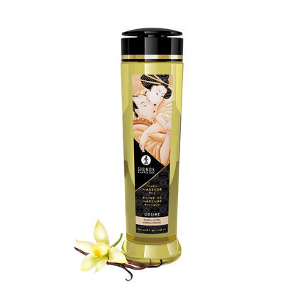 Flacon d'huile de massage Shunga Desire vanille 240 ml, bouteille dorée et fleur de vanille blanche - Oh My God'Z