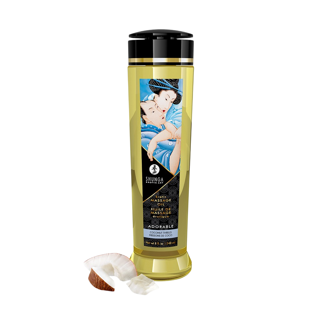 Flacon d'huile de massage Shunga Adorable frissons de coco 240 ml, liquide jaune et morceaux de noix de coco - Oh My God'Z