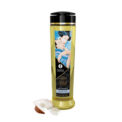Flacon d'huile de massage Shunga Adorable frissons de coco 240 ml, liquide jaune et morceaux de noix de coco - Oh My God'Z