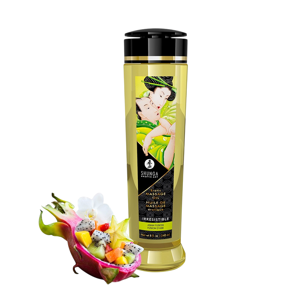 Flacon doseur noir et dore d'huile de massage Shunga Fusion d'Asie 240 ml avec fruits exotiques - Oh My God'Z