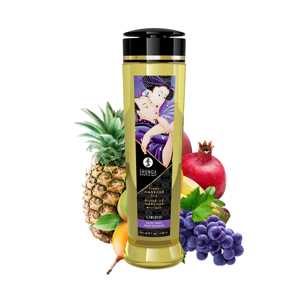 Flacon d'huile de massage Shunga Libido Fruits Exotiques 240 ml entoure d'ananas, grenade et raisins - Oh My God'Z