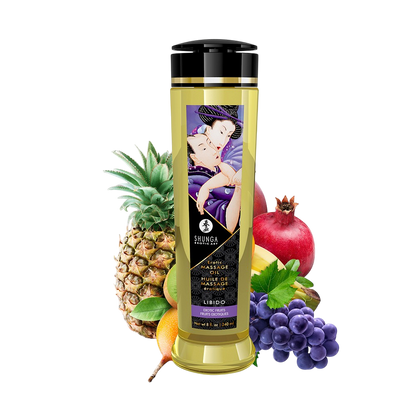 Flacon d'huile de massage Shunga Libido Fruits Exotiques 240 ml entoure d'ananas, grenade et raisins - Oh My God'Z